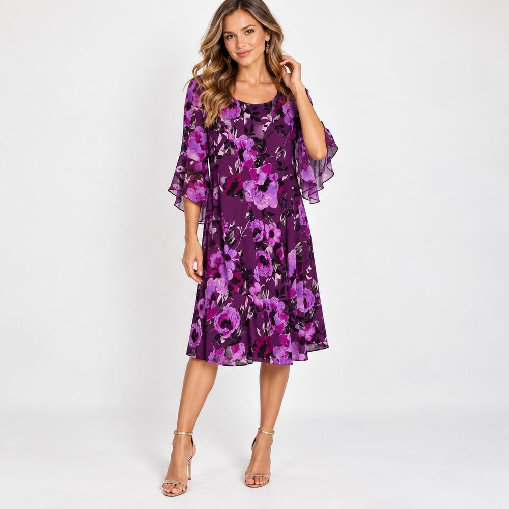 Susan Graver Liquid Knit Dress Women's Size M Purple Romantic Cottage Office